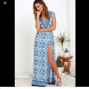 French Doors Ivory & Blue Floral Print Wrap Maxi